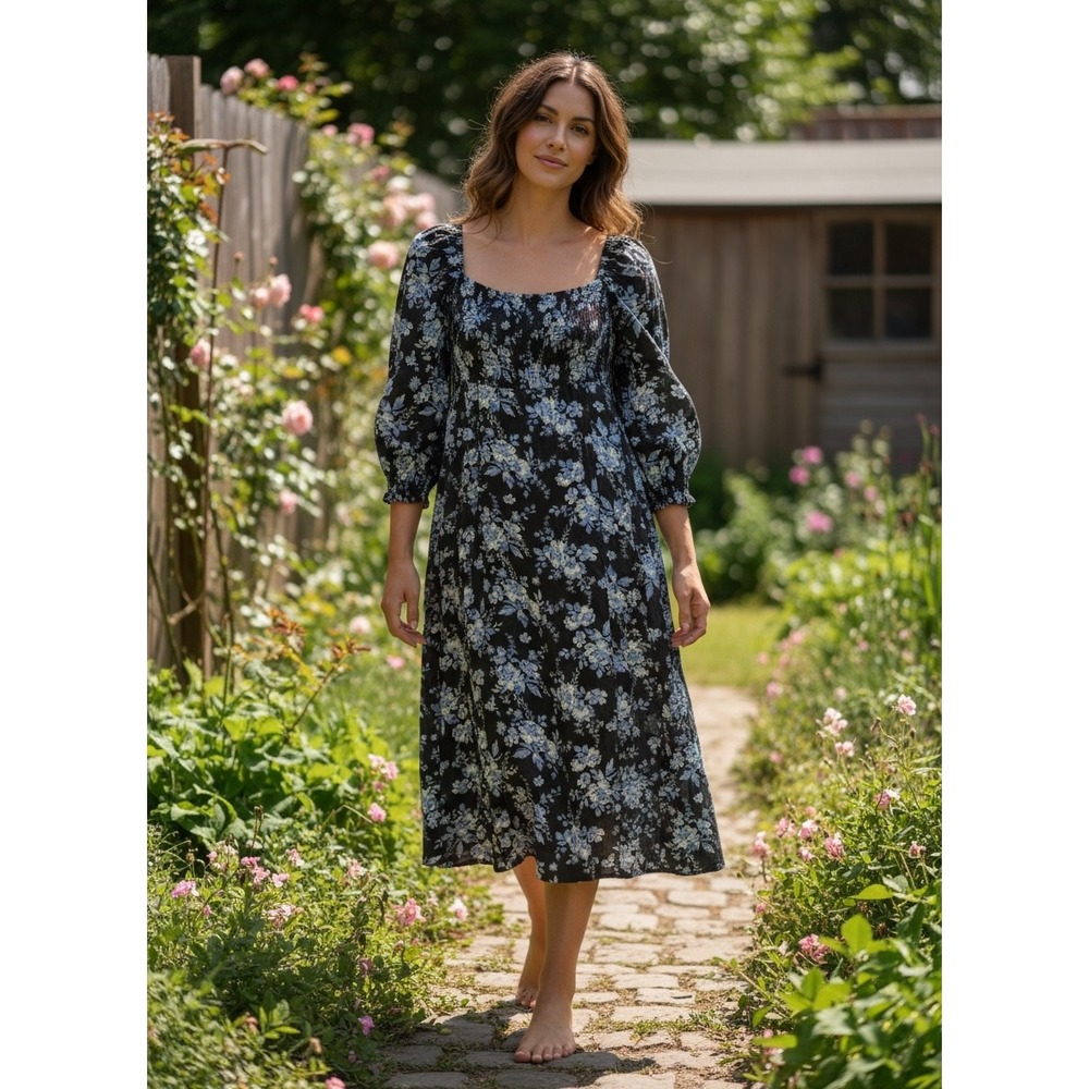 Free People Black Floral Midi Dress with Blue and White Blooms and Puff Sleeves